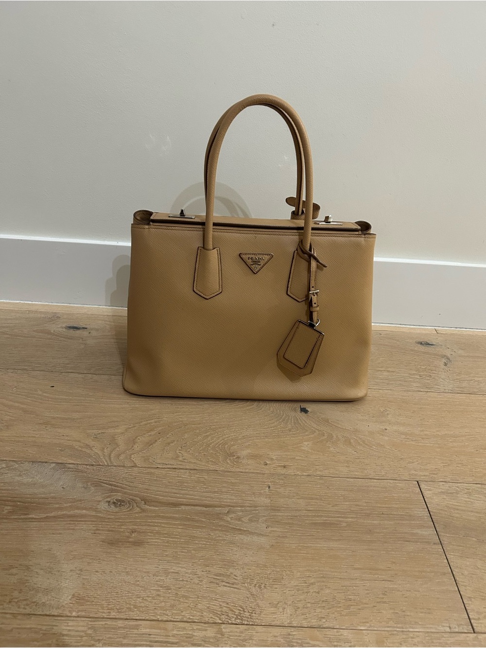 Prada Structured Saffiano Satchel in Tan
